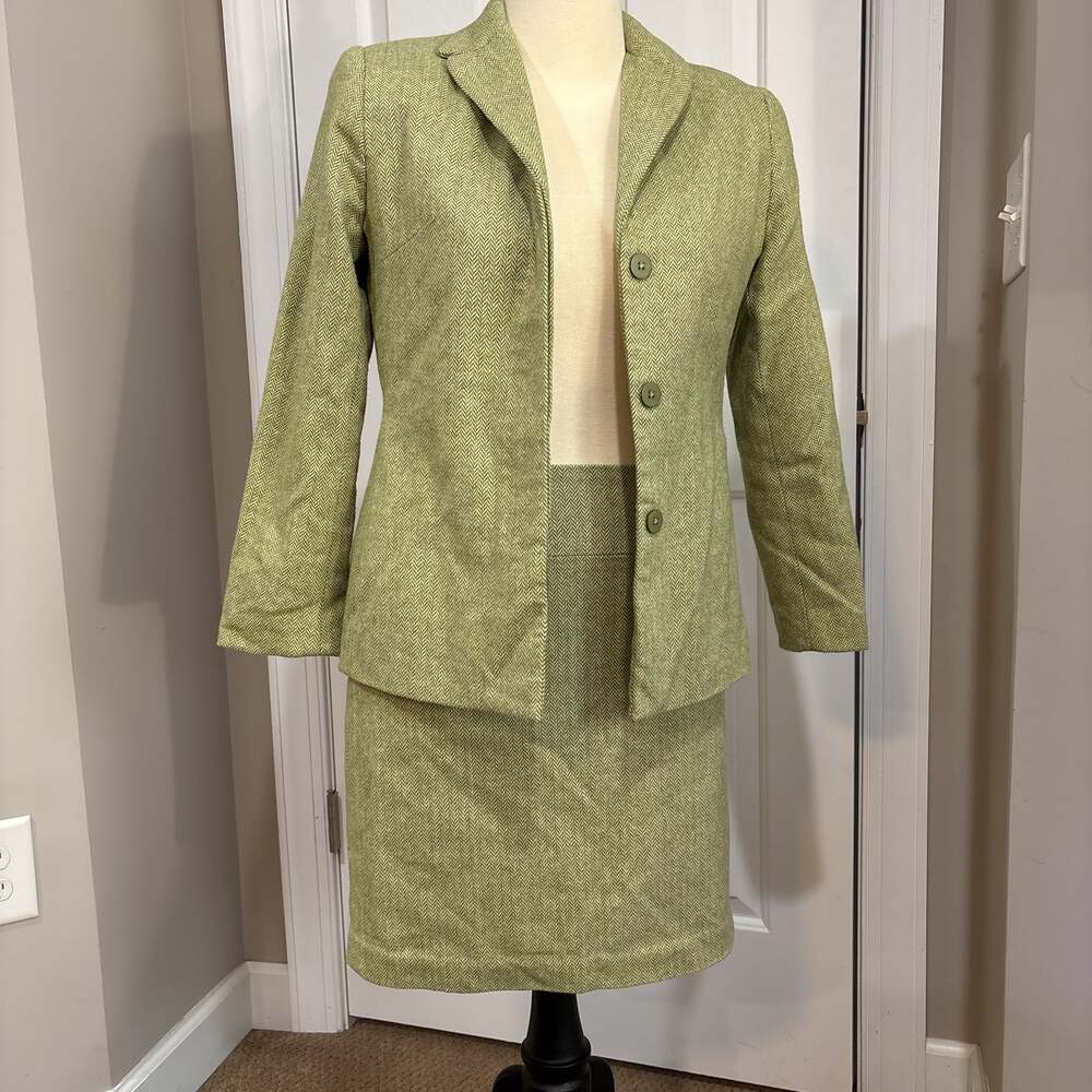 Vintage VTG Tribeca Studio Green Wool Blend Skirt Suit Jacket Set SZ 6P